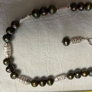 Elegant dark green Pearl and Sterling bead/ clasp Necklace